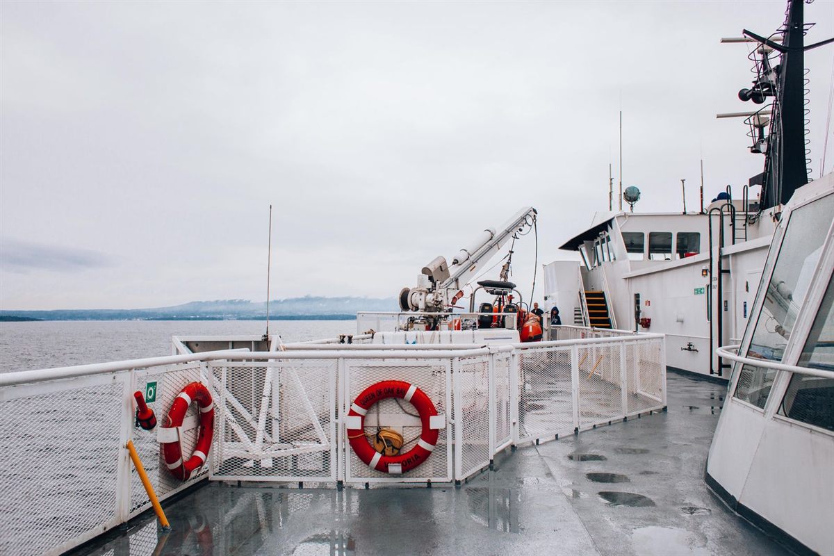 The open aft deck of a ship with lifebuoys on the rail and a grey sea beyond